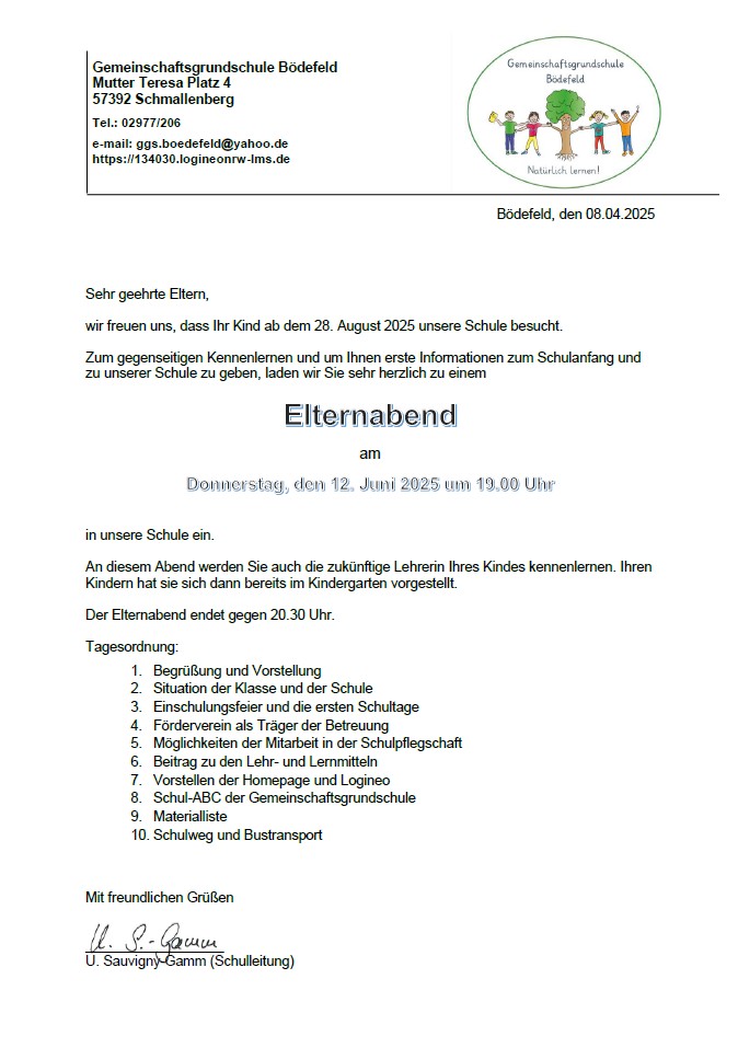 Einladung Elternabend Lernanfänger 2025